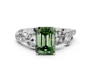 Leaf Motif Engagement Ring Setting for Fancy Green Emerald Cut Center with Pave Band and Prong Head in Sterling Silver
