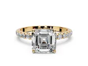 Solitaire Engagement Ring Setting for Asscher Cut Center with Micro Pave Band and Prong Head in Yellow Gold