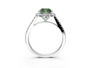 Halo Engagement Ring Setting for Fancy Green Cushion Cut Center with Narrowing Pave Band and Prong Head in Platinum