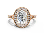 Halo Engagement Ring Setting for Oval Center with Milgrain Rim, Pave Band and Prong Head in Rose Gold