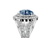 Double Halo Engagement Ring Setting for Fancy Blue Round Cut Center with Narrow Pave Split Shank and Prong Head in Platinum