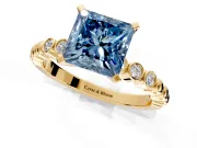 Solitaire Engagement Ring Setting for Fancy Blue Princess Cut Center with Bezel-Dot Beaded Band and Prong Head in Yellow Gold