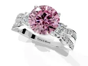 3 Stone Engagement Ring Setting for Fancy Pink Round Cut Center with Pave Twist Band and Prong Head in Platinum
