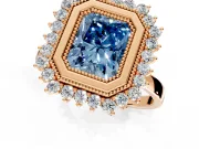 Halo Engagement Ring Setting for Fancy Blue Radiant Cut Center with Milgrain Bezel Rim, Plain Band and Prong Head in Rose Gold