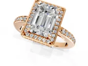 Halo Engagement Ring Setting for Emerald Cut Center with Metal-Rimmed Halo, Pave Band and Prong Head in Rose Gold