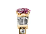 Channel-Set Engagement Ring Setting for Fancy Pink Round Cut Center with Baguette Band and Prong Head in Yellow Gold