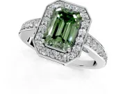 Bezel-Framed Halo Engagement Ring Setting for Fancy Green Emerald Cut Center with Pave Band and Prong Head in Sterling Silver