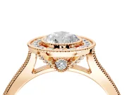Halo Engagement Ring Setting for Pear-Shaped Center with Milgrain Pave Band and Bezel Head in Rose Gold