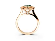 Halo Engagement Ring Setting for Fancy Green Heart-Shaped Center with Milgrain Frame, Pave Band and Prong Head in Rose Gold
