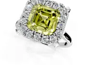 Single Halo Engagement Ring Setting for Fancy Yellow Asscher Cut Center with Corner Claws, Plain Band and Prong Head in Platinum