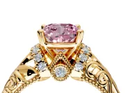Solitaire Engagement Ring Setting for Fancy Pink Cushion Cut Center with Filigree Accent Basket and Prong Head in Yellow Gold