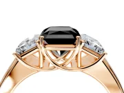3 Stone Engagement Ring Setting for Fancy Black Radiant Cut Center with Raised Basket Heads and Prong Head in Rose Gold