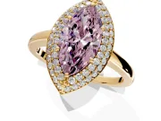 Halo Engagement Ring Setting for Fancy Pink Marquise Center with Plain Tapered Band and Prong Head in Yellow Gold
