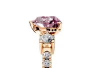 3 Stone Engagement Ring Setting for Fancy Pink Heart-Shaped Center with Round Cut Side Accents and Prong Head in Rose Gold