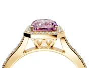 Halo Engagement Ring Setting for Fancy Pink Radiant Cut Center with Pave Accents, Heart Basket and Prong Head in Yellow Gold