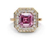 Halo Engagement Ring Setting for Fancy Pink Asscher Cut Center with Plain Tapered Band and Prong Head in Yellow Gold