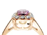 Floral Halo Engagement Ring Setting for Fancy Pink Emerald Cut Center with Large Halo Accents and Prong Head in Rose Gold