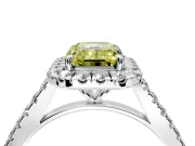 Halo Engagement Ring Setting for Fancy Yellow Emerald Cut Center with Narrowing Pave Band and Prong Head in Platinum