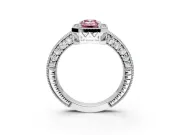 Milgrain Halo Engagement Ring Setting for Fancy Pink Emerald Cut Center with Wide Pave Band and Prong Head in White Gold