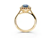 Starburst Halo Engagement Ring Setting for Fancy Blue Radiant Cut Center with Thin Round-Wire Band and Prong Head in Yellow Gold