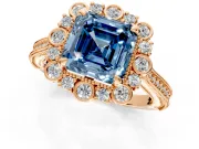 Milgrain Halo Engagement Ring Setting for Fancy Blue Asscher Cut Center with Bezel Point Accents and Prong Head in Rose Gold