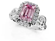 Halo Engagement Ring Setting for Fancy Pink Emerald Cut Center with Open Scroll Shoulders and Prong Head in Platinum
