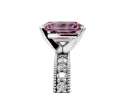 Milgrain Pave Engagement Ring Setting for Fancy Pink Emerald Cut Center with Accent Band and Prong Head in Sterling Silver