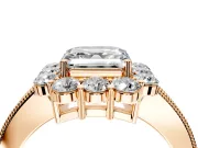 Halo Engagement Ring Setting for Asscher Cut Center with Milgrain Channel Band and Prong Head in Rose Gold