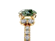 Paired Accent Engagement Ring Setting for Fancy Green Round Cut Center with Pave Band and Prong Head in Yellow Gold