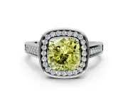 Halo Engagement Ring Setting for Fancy Yellow Cushion Cut Center with Outer Bezel Rim, Pave Band and Prong Head in White Gold