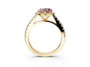 Halo Engagement Ring Setting for Fancy Pink Heart-Shaped Center with Full Pave Band and Prong Head in Yellow Gold