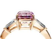 3 Stone Engagement Ring Setting for Fancy Pink Radiant Cut Center with Baguette Accents and Prong Head in Rose Gold