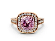 Halo Engagement Ring Setting for Fancy Pink Cushion Cut Center with Outer Bezel Rim, Pave Band and Prong Head in Rose Gold