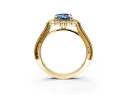 Milgrain Halo Engagement Ring Setting for Fancy Blue Radiant Cut Center with Bezel Point Accents and Prong Head in Yellow Gold