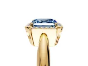 Halo Engagement Ring Setting for Fancy Blue Asscher Cut Center with Tapered Plain Band and Prong Head in Yellow Gold