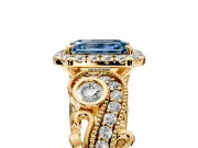 Milgrain Halo Engagement Ring Setting for Fancy Blue Emerald Cut Center with Shoulder Bezels and Prong Head in Yellow Gold