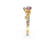 Leaf Motif Engagement Ring Setting for Fancy Pink Heart-Shaped Center with Pave Band and Prong Head in Yellow Gold
