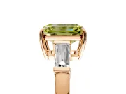 3 Stone Engagement Ring Setting for Fancy Yellow Emerald Cut Center with Baguette Accents and Prong Head in Rose Gold