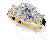 3 Stone Engagement Ring Setting for Round Cut Center with Matching Side Accents and Prong Head in Yellow Gold