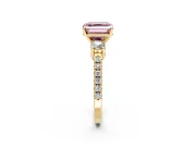 3 Stone Engagement Ring Setting for Fancy Pink Asscher Cut Center with Round Cut Side Accents and Prong Head in Yellow Gold