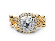 Halo Engagement Ring Setting for Cushion Cut Center with Leaf Motif Split Shank and Prong Head in Yellow Gold