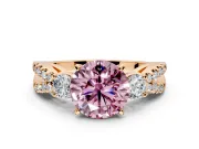 3 Stone Engagement Ring Setting for Fancy Pink Round Cut Center with Pave Split Shank and Prong Head in Rose Gold