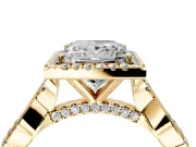 Halo Engagement Ring Setting for Princess Cut Center with Twist Band and Prong Head in Yellow Gold