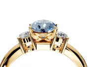 3 Stone Engagement Ring Setting for Fancy Blue Pear-Shaped Center with Wide Plain Band and Prong Head in Yellow Gold