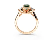 3 Stone Engagement Ring Setting for Fancy Green Radiant Cut Center with Crossover Basket, Pave Band and Prong Head in Rose Gold