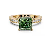 Solitaire Engagement Ring Setting for Fancy Green Princess Cut Center with Milgrain-Edged Pave Band and Prong Head in Yellow Gold