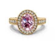 Milgrain Halo Engagement Ring Setting for Fancy Pink Oval Center with Pave Band and Prong Head in Yellow Gold