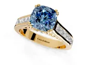 Solitaire Engagement Ring Setting for Fancy Blue Cushion Cut Center with Channel Band and Double Claw Prong Head in Yellow Gold