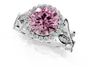 Halo Engagement Ring Setting for Fancy Pink Round Cut Center with Leaf Motif Split Shank and Prong Head in Sterling Silver