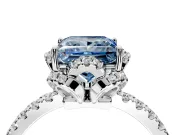 Halo Engagement Ring Setting for Fancy Blue Princess Cut Center with Openwork Halo, Pave Band and Prong Head in White Gold